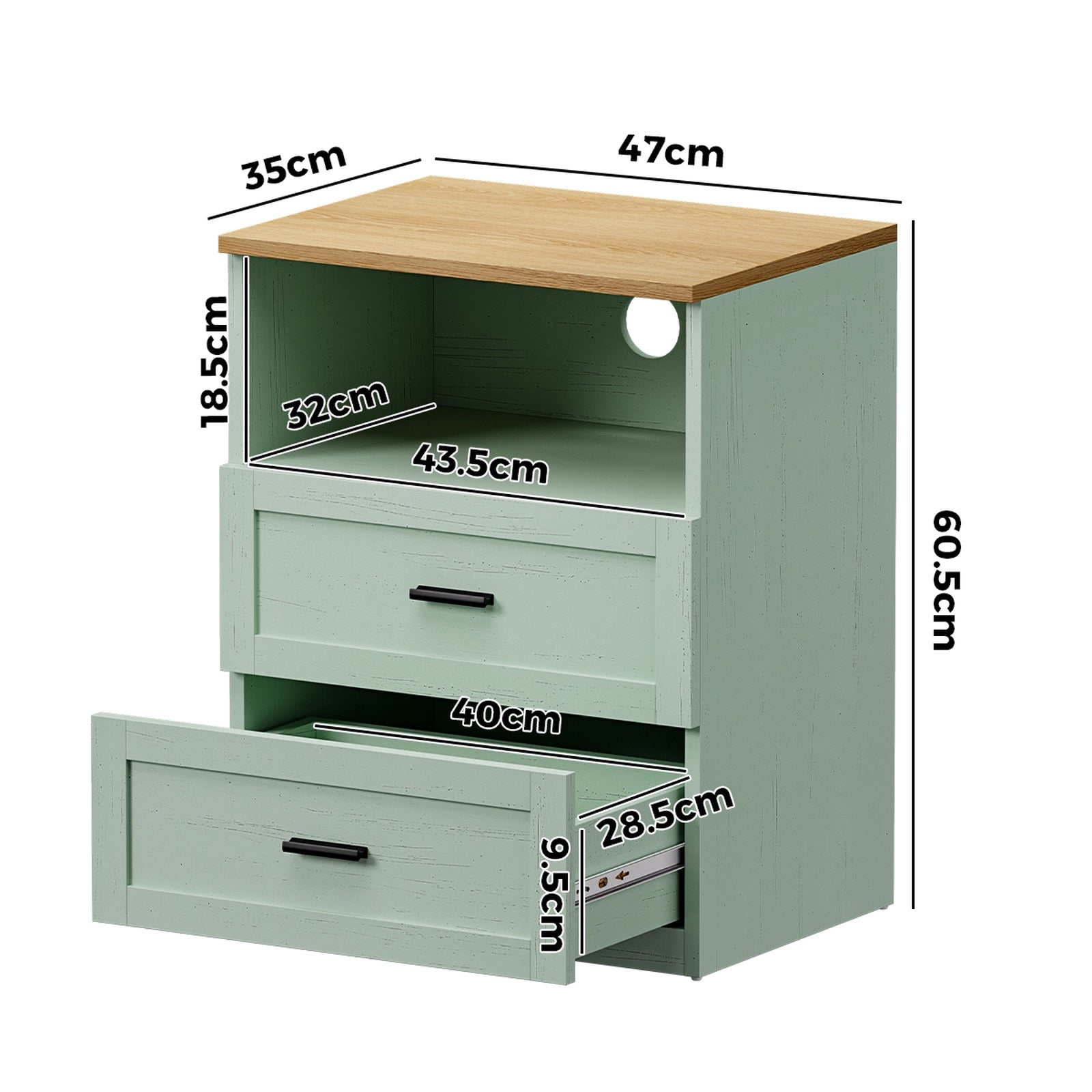 Oikiture Bedside Table 2 Drawers Open Shelf Nightstand Cabinet Natural&Green
