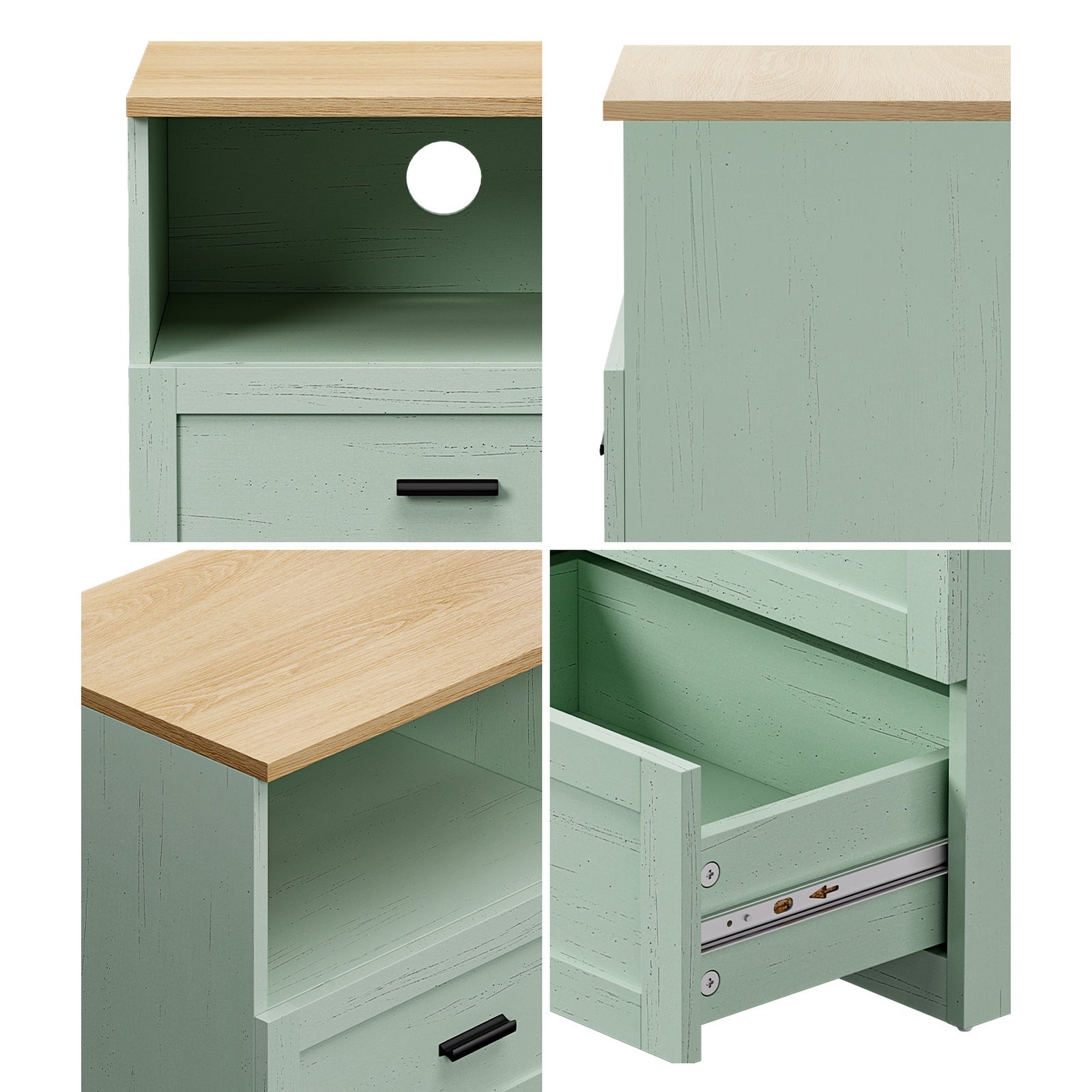 Oikiture 2pc Bedside Table 2 Drawers Open Shelf Nightstand Cabinet Natural&Green