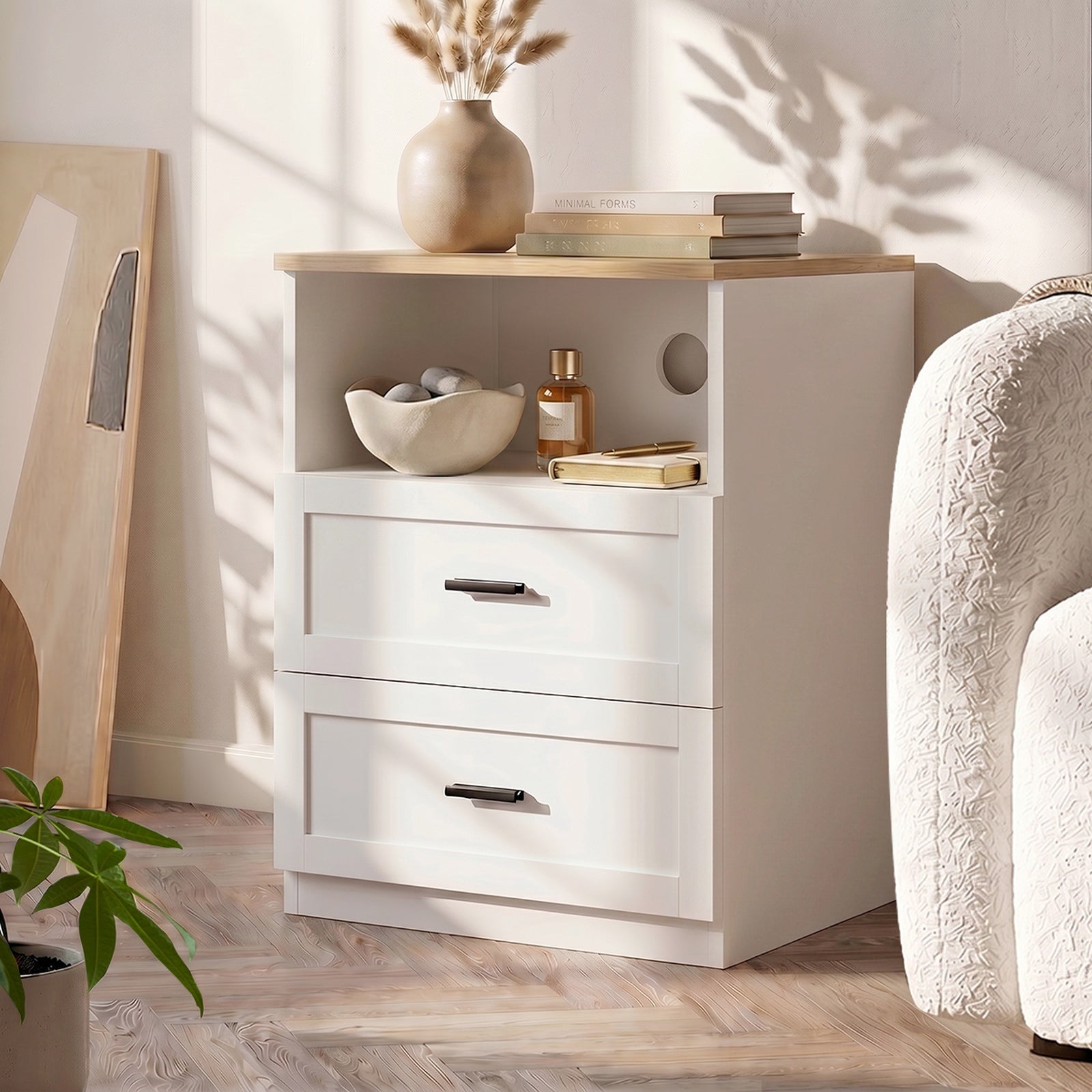 Oikiture Bedside Table 2 Drawers Open Shelf Nightstand Cabinet Natural&White