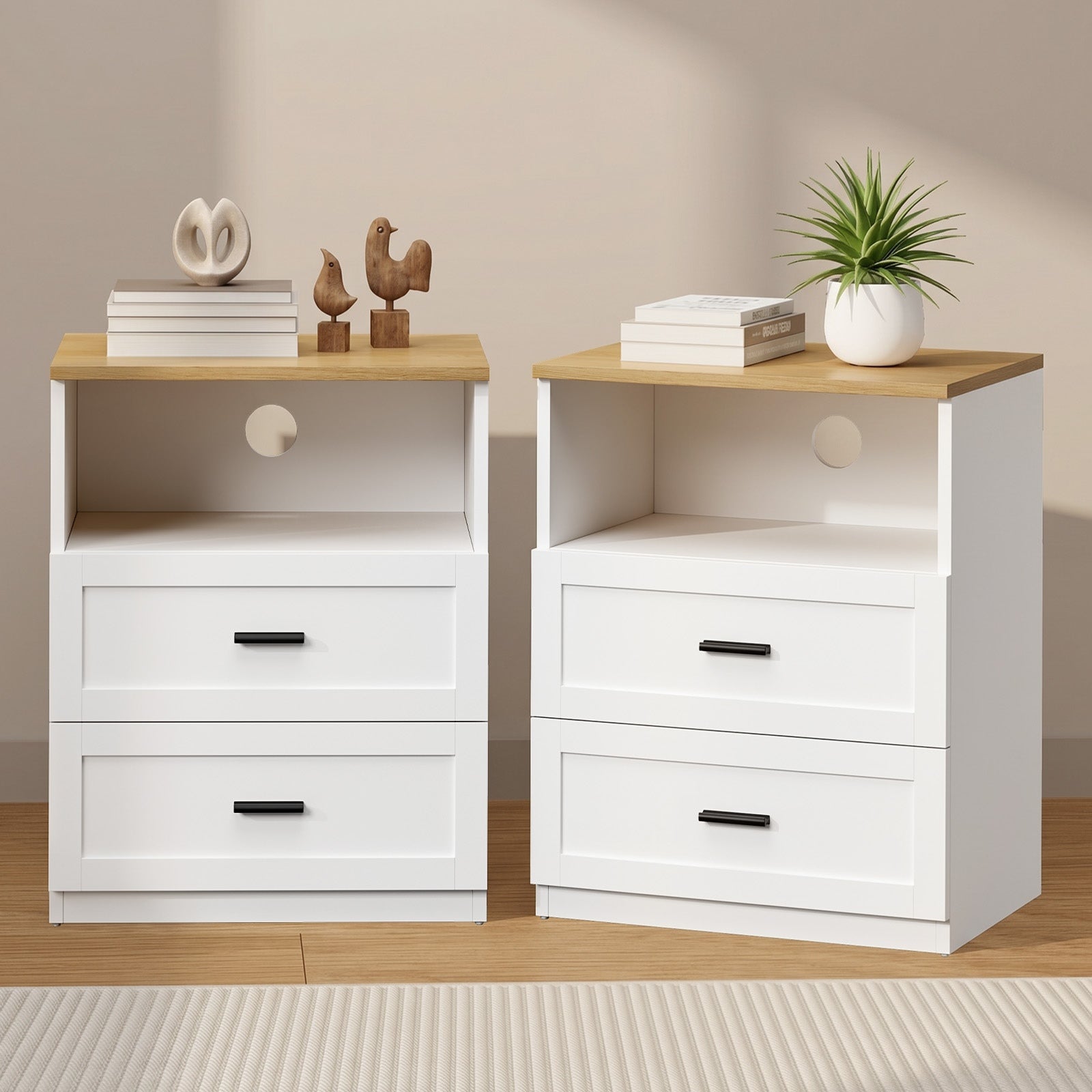 Oikiture 2pc Bedside Table 2 Drawers Open Shelf Nightstand Cabinet Natural&White