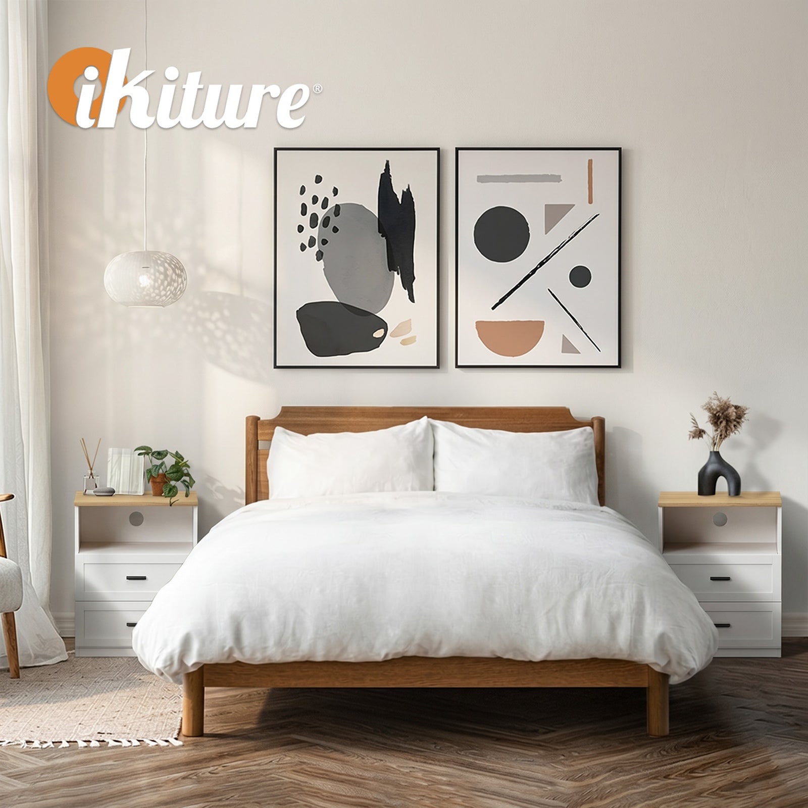 Oikiture 2pc Bedside Table 2 Drawers Open Shelf Nightstand Cabinet Natural&White