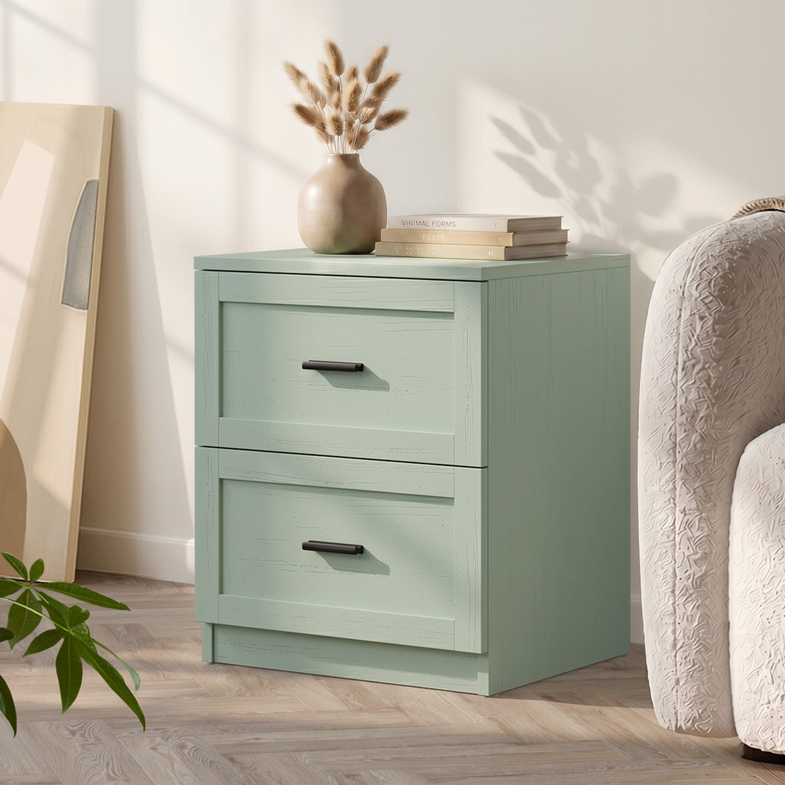 Oikiture Bedside Table 2 Drawers Nightstand Cabinet End Table Green