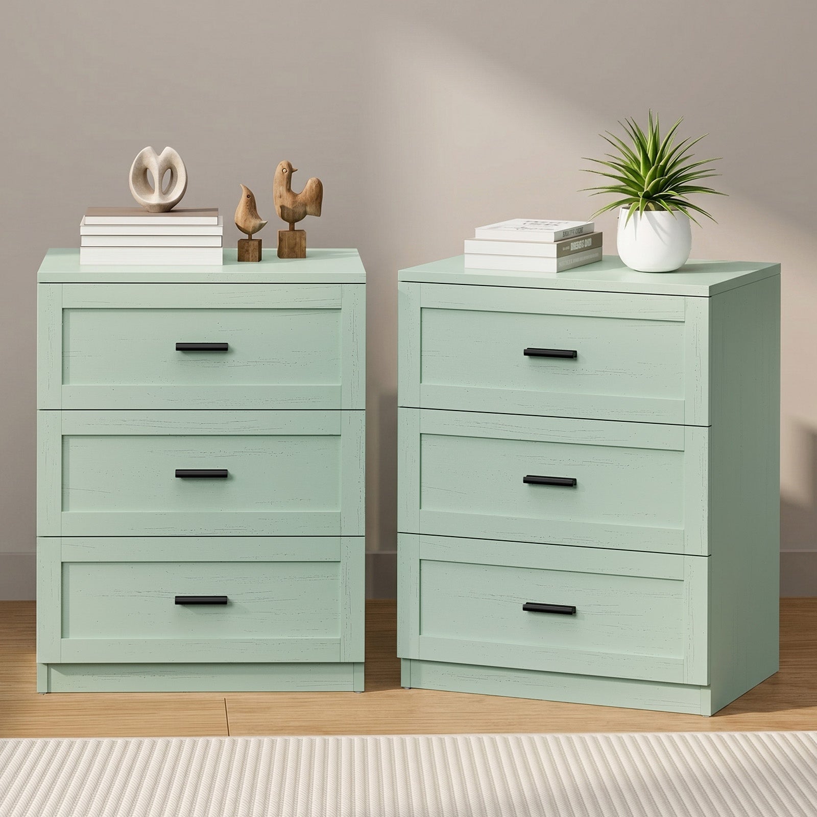 Oikiture 2pc Bedside Table 3 Drawers Nightstand Cabinet End Table Green