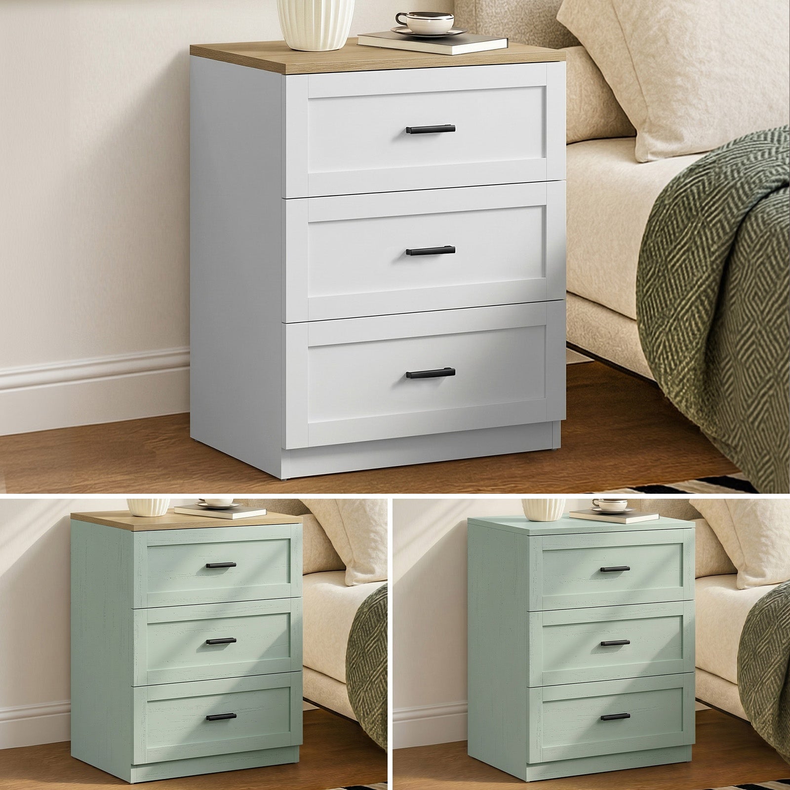 Oikiture Bedside Table 3 Drawers Nightstand Cabinet End Table
