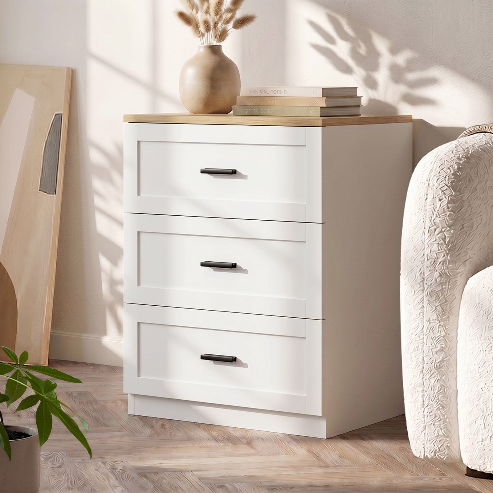 Oikiture Bedside Table 3 Drawers Nightstand Cabinet End Table