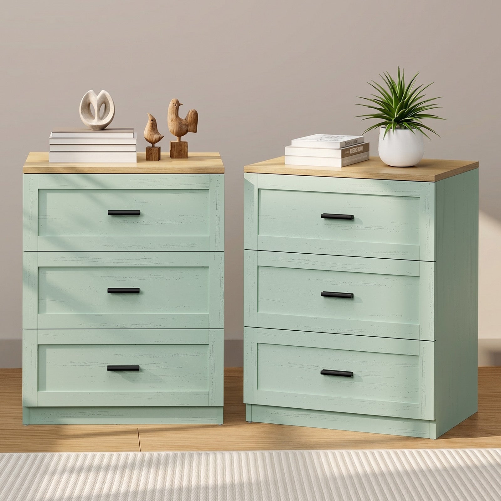 Oikiture 2pc Bedside Table 3 Drawers Nightstand Cabinet End Table Natural&Green