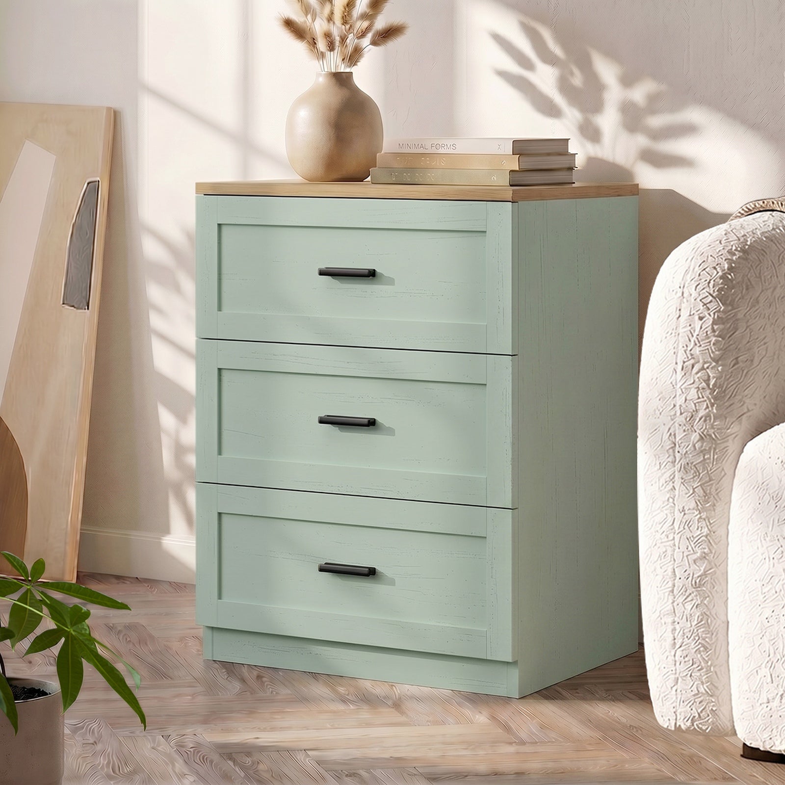 Oikiture 2pc Bedside Table 3 Drawers Nightstand Cabinet End Table Natural&Green