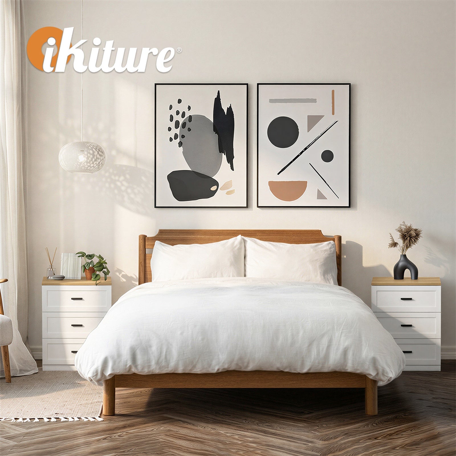 Oikiture 2pc Bedside Table 3 Drawers Nightstand Cabinet End Table Natural&White
