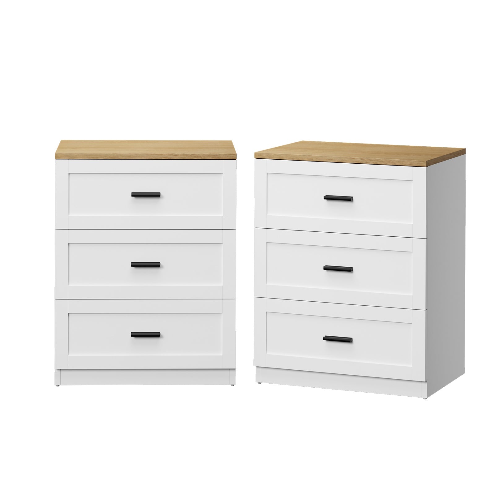 Oikiture 2pc Bedside Table 3 Drawers Nightstand Cabinet End Table Natural&White
