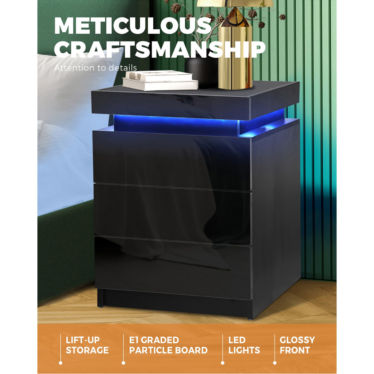Oikiture Bedside Table RGB LED Nightstand Cabinet 2/3 Drawers Side Table - Sunyee