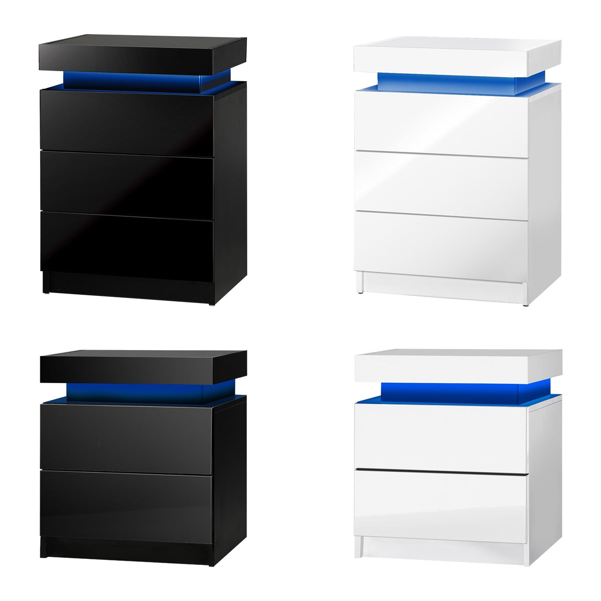 Oikiture Bedside Table RGB LED Nightstand Cabinet 2/3 Drawers Side Table - Sunyee
