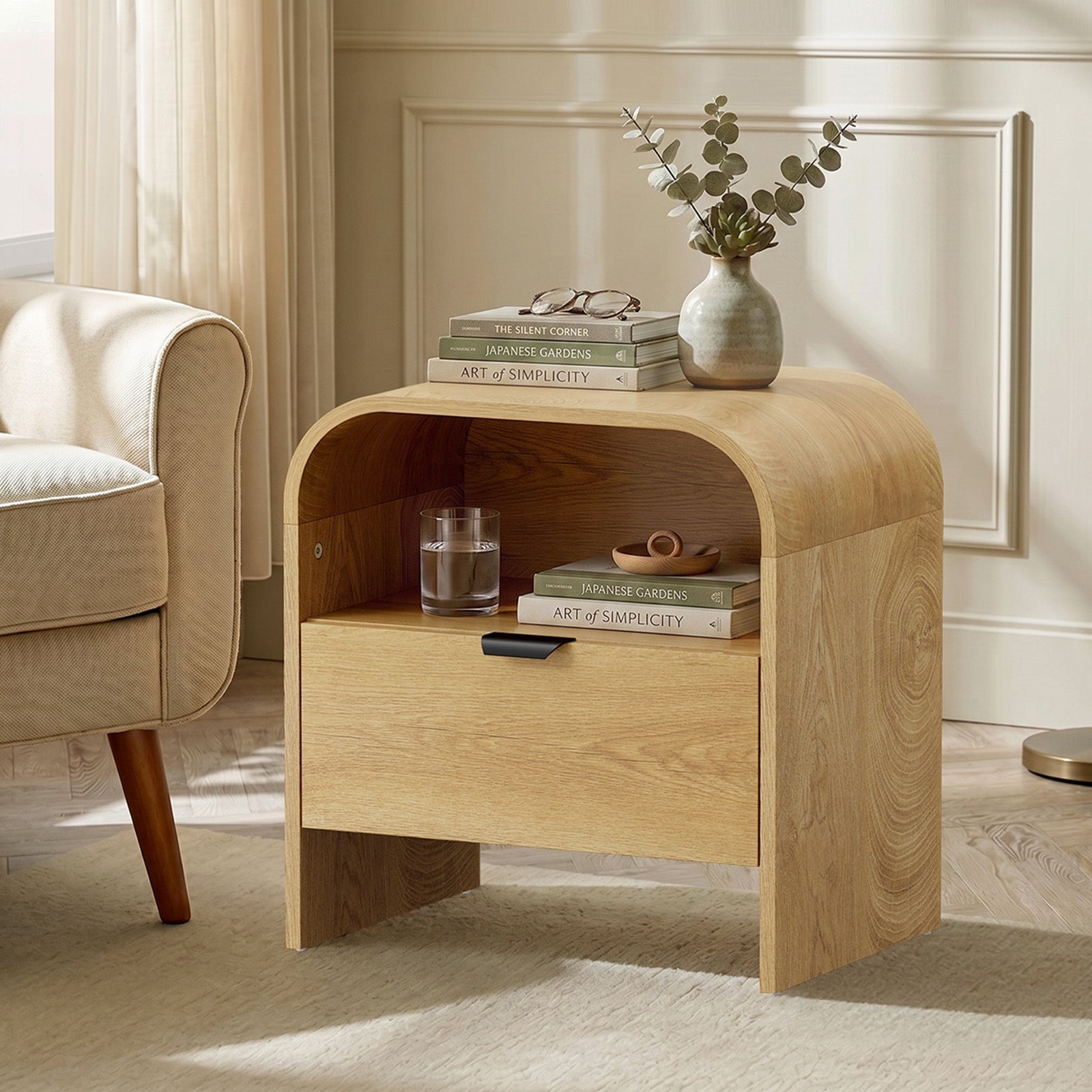 Oikiture Bedside Table Drawer Open Shelf Storage Cabinet Nightstand Natural