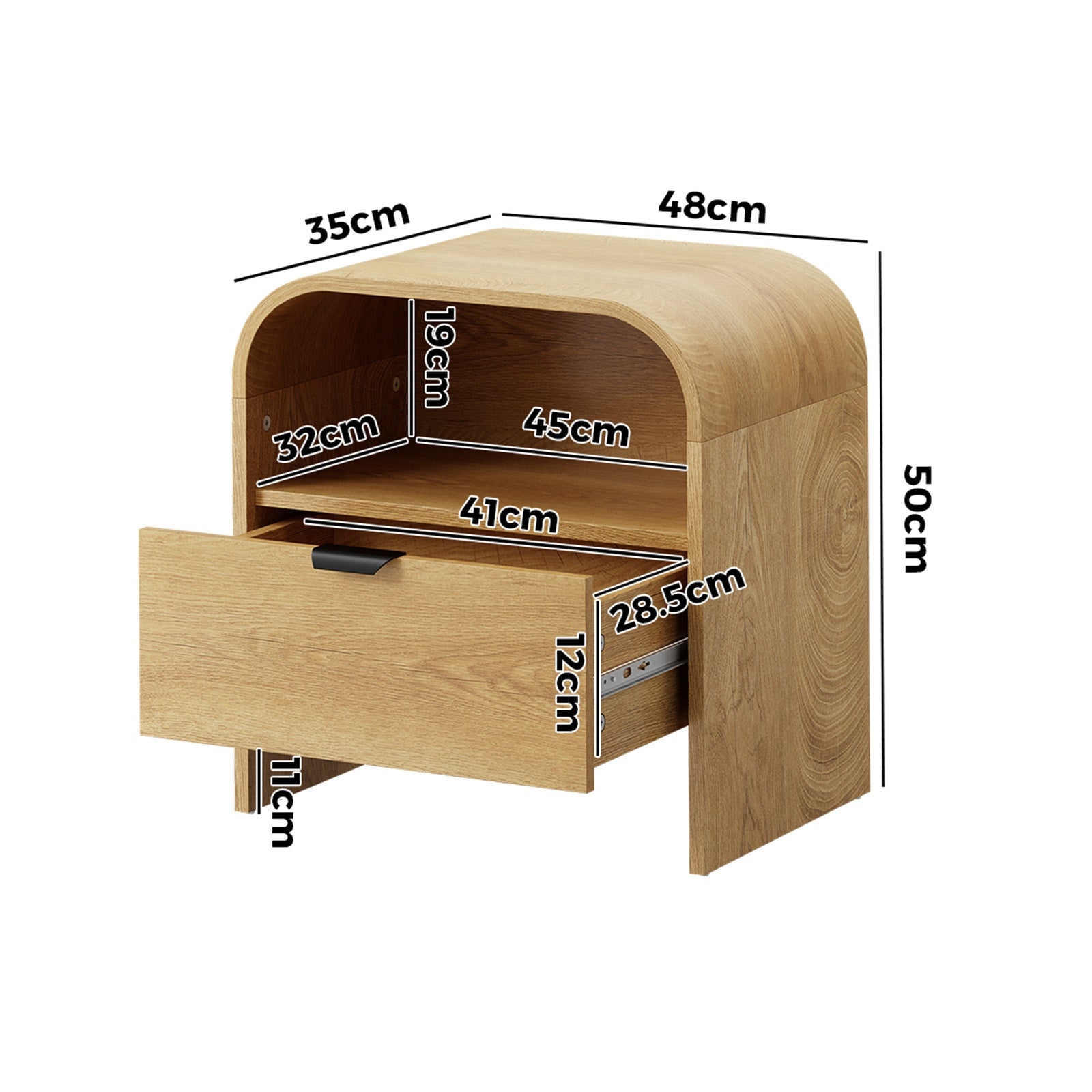 Oikiture Bedside Table Drawer Open Shelf Storage Cabinet Nightstand Natural