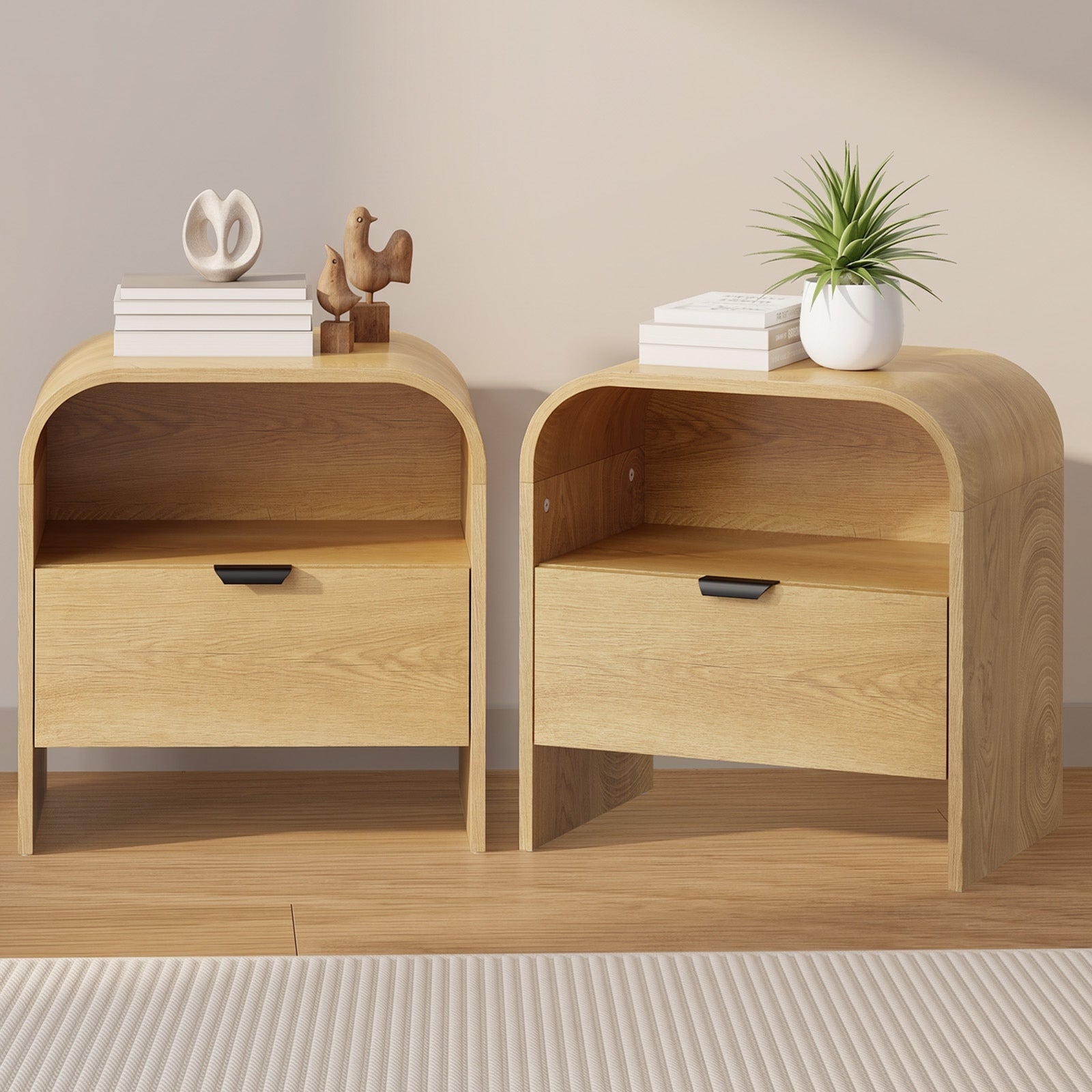 Oikiture 2PC Bedside Table Drawer Open Shelf Storage Cabinet Nightstand Natural
