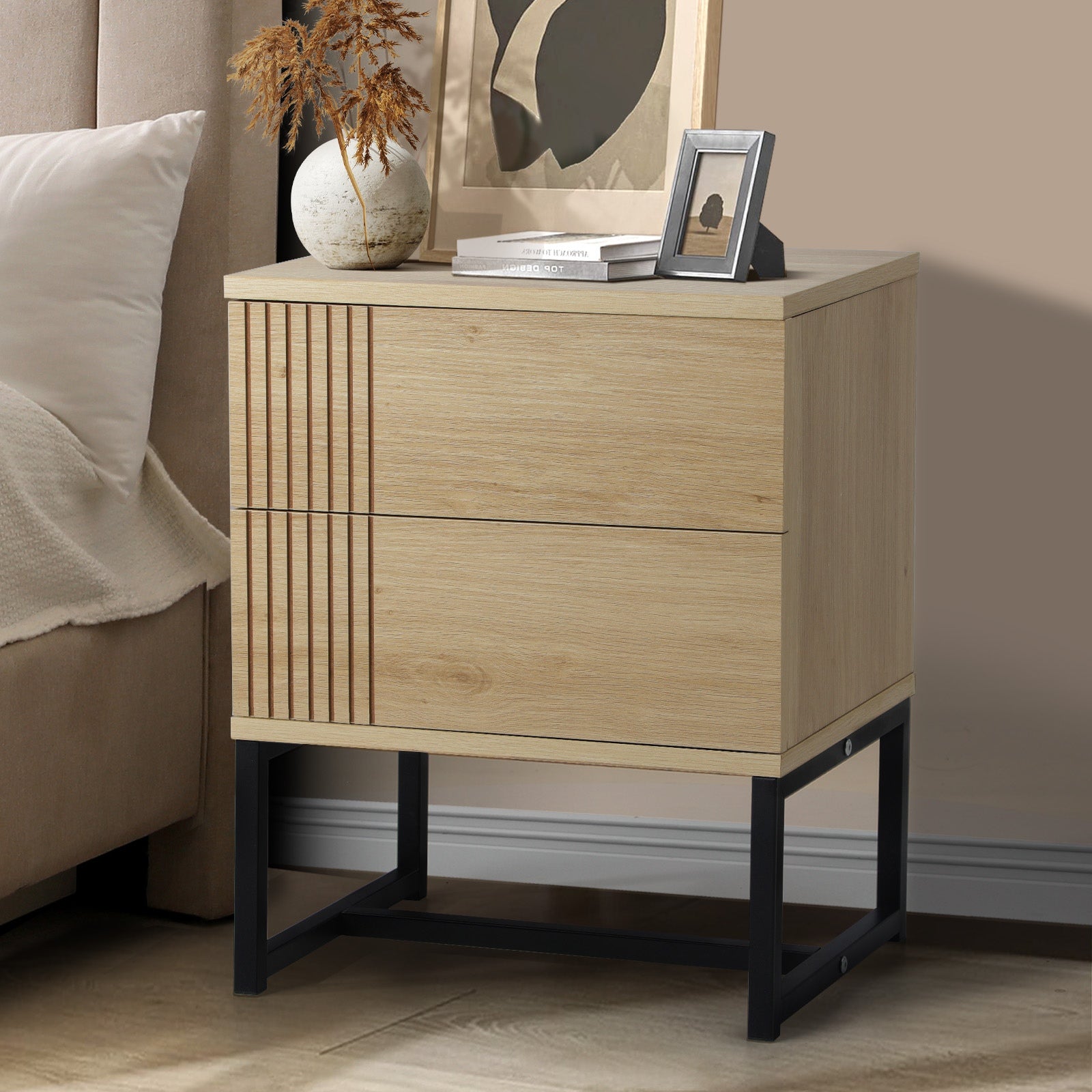 Oikiture Bedside Tables 2 Drawers Side Table Bedroom Storage Nightstand Metal - Sunyee