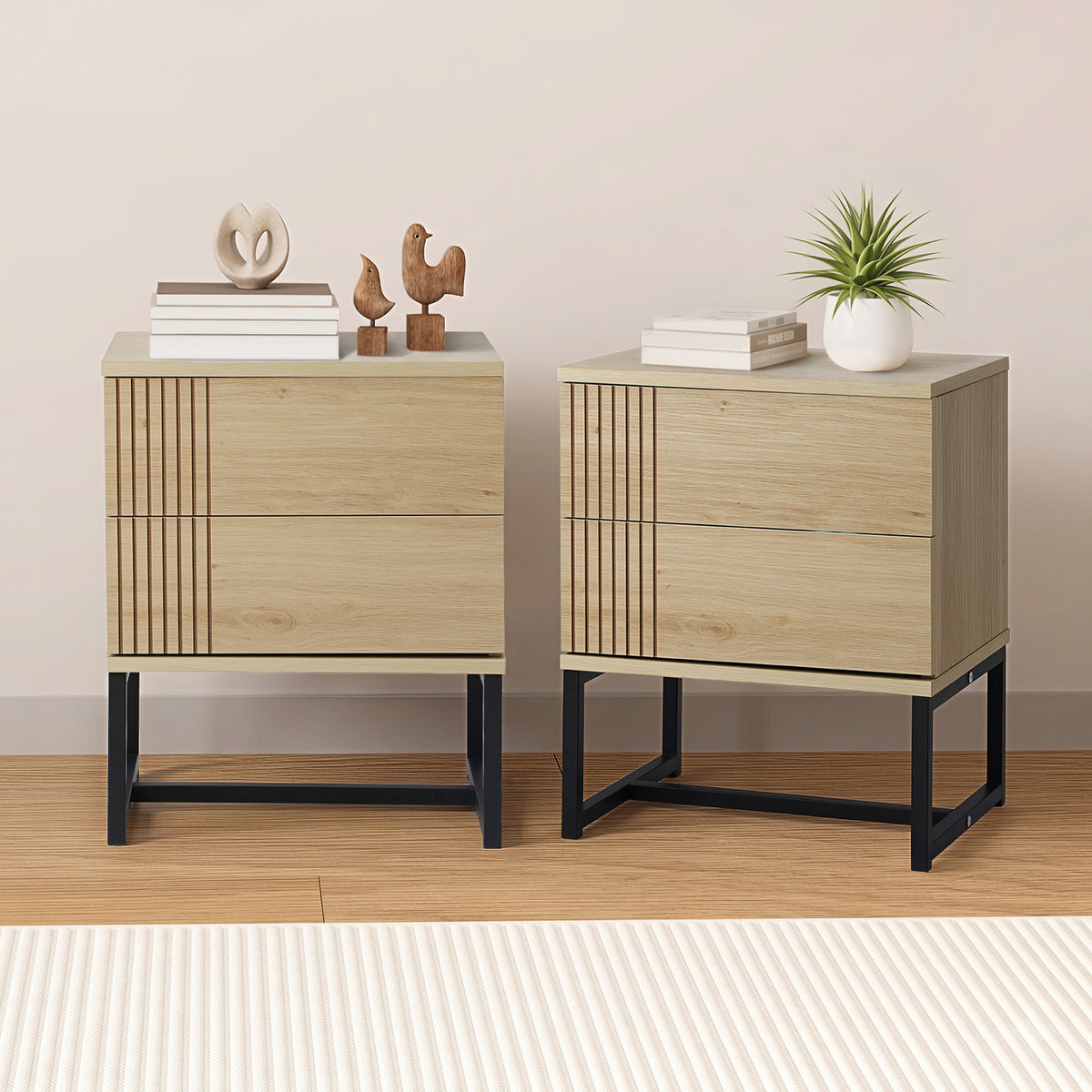 Oikiture Set of 2 Bedside Tables Side Table Bedroom Storage Nightstand Metal - Sunyee