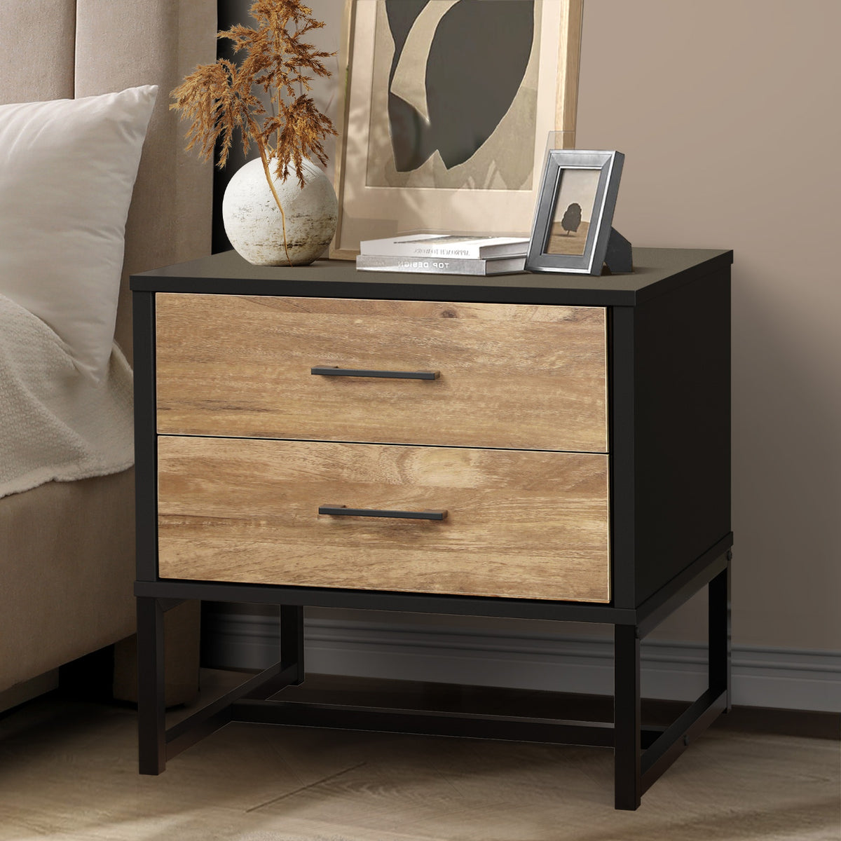 Oikiture Bedside Table 2 Drawers Side Tables Storage Nightstand Metal Industrial - Sunyee