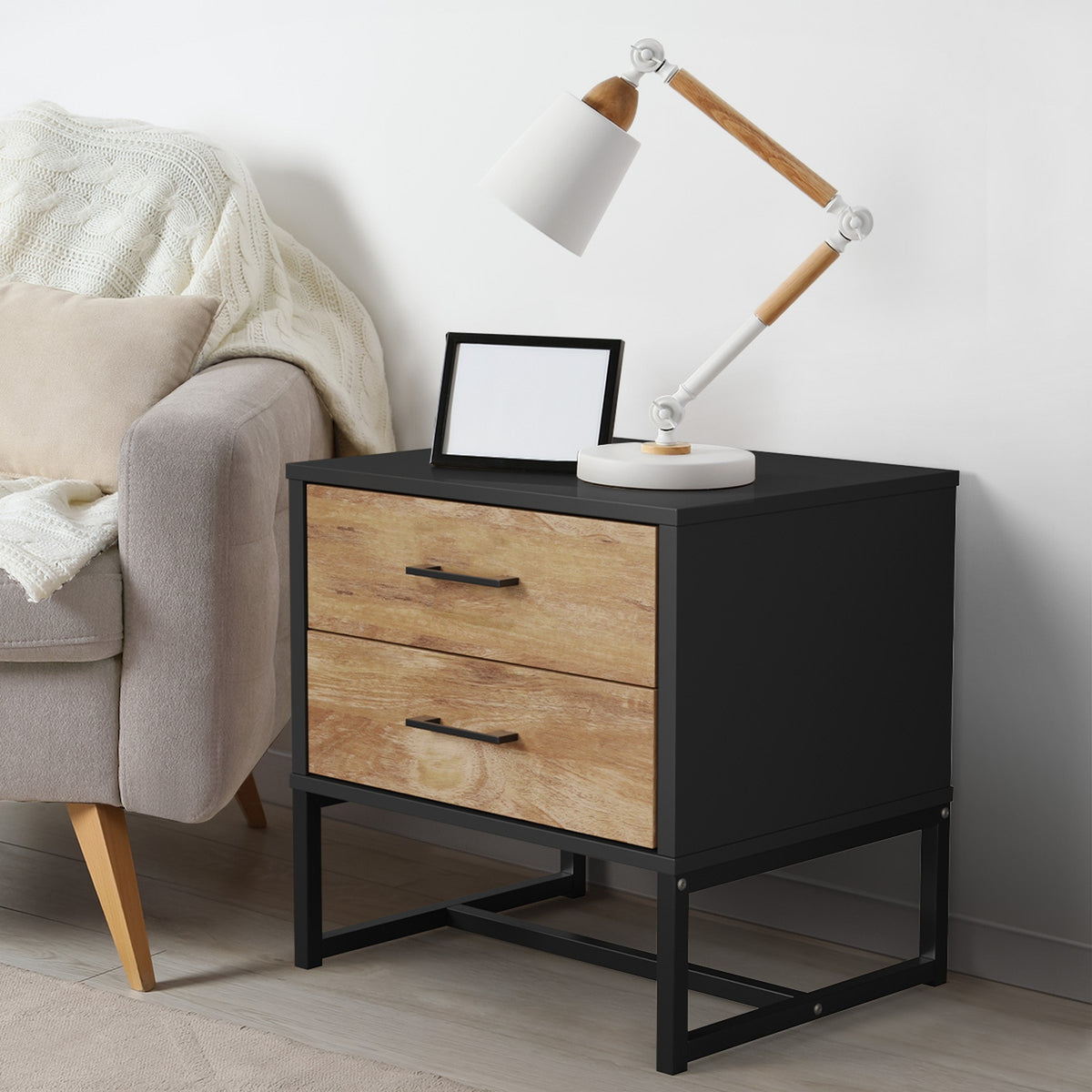 Oikiture Bedside Table 2 Drawers Side Tables Storage Nightstand Metal Industrial - Sunyee