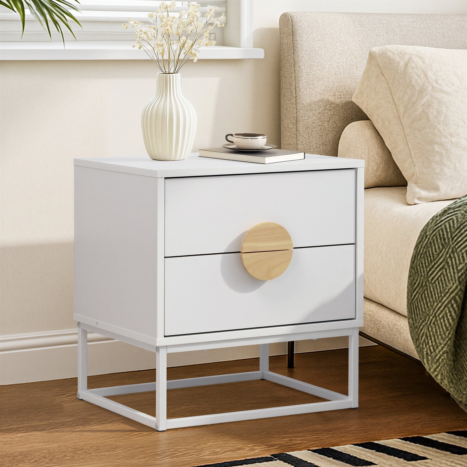 Oikiture Bedside Table Nightstand 2 Drawers Side End Table Steel Legs White