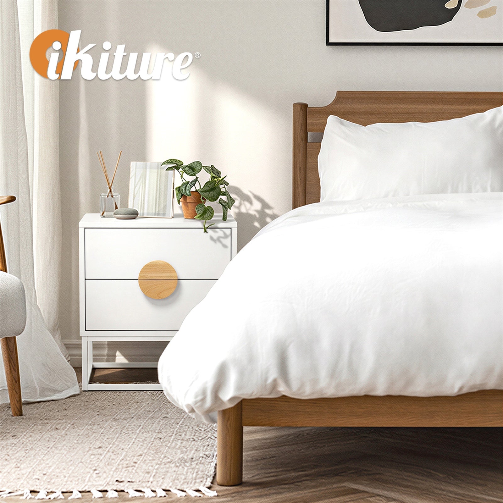 Oikiture Bedside Table Nightstand 2 Drawers Side End Table Steel Legs White