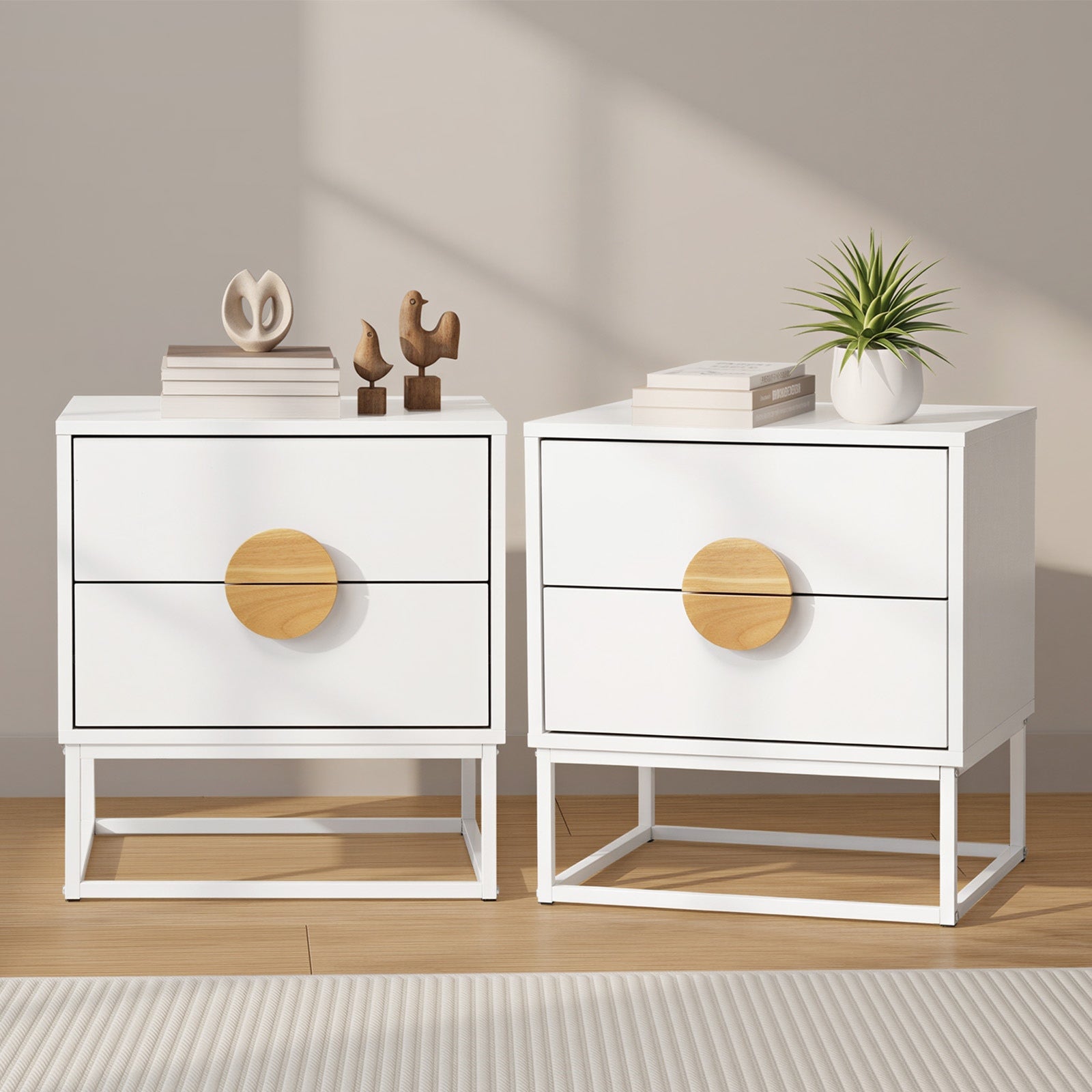 Oikiture 2pc Bedside Table Nightstand 2 Drawers Side End Table Steel Legs White