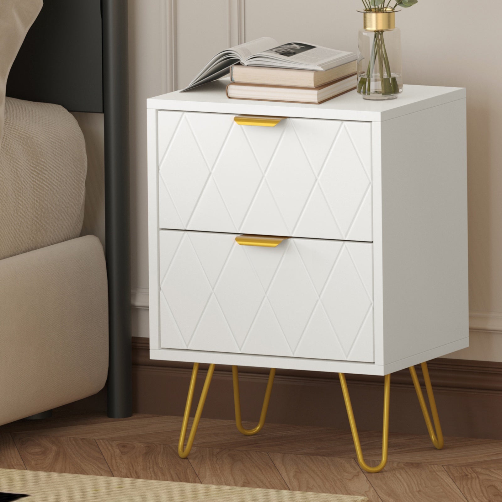Oikiture Bedside Table 2 Drawers Gold Metal Nightstand Storage Cabinet White - Sunyee