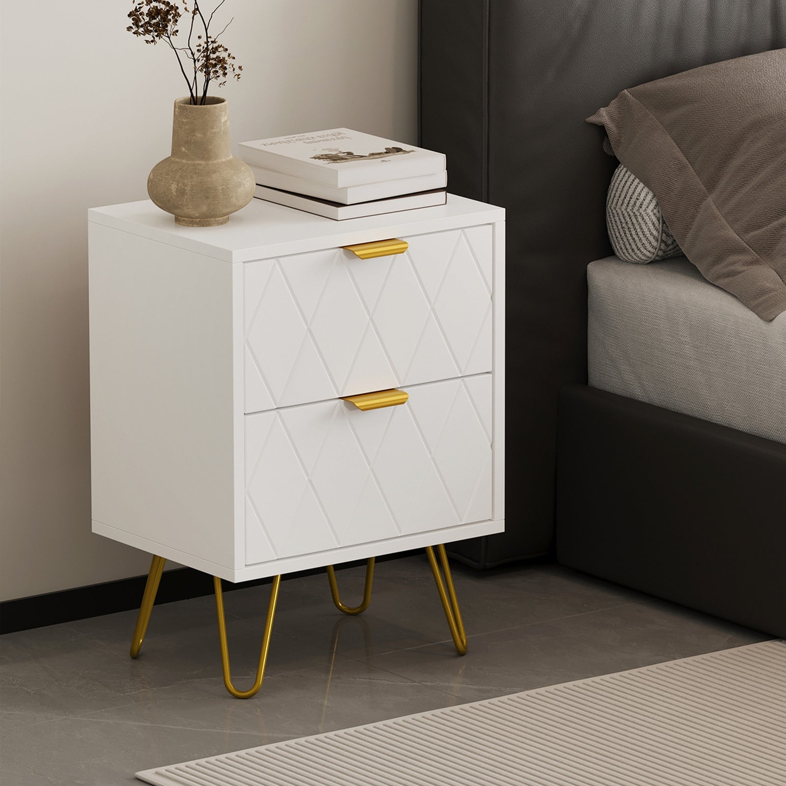 Oikiture Bedside Table 2 Drawers Gold Metal Nightstand Storage Cabinet White - Sunyee