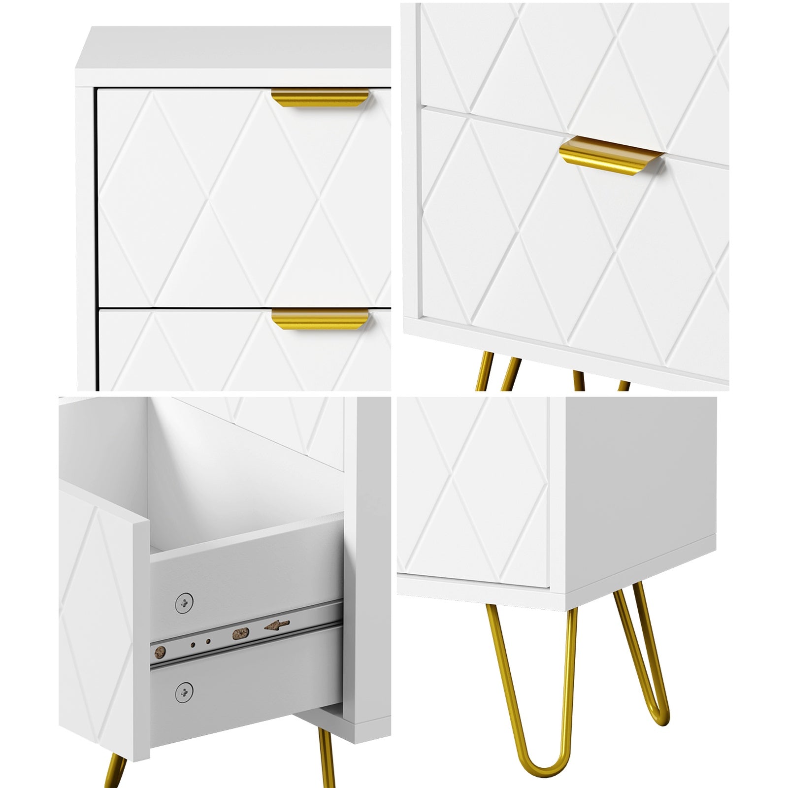 Oikiture Bedside Table 2 Drawers Gold Metal Nightstand Storage Cabinet White - Sunyee
