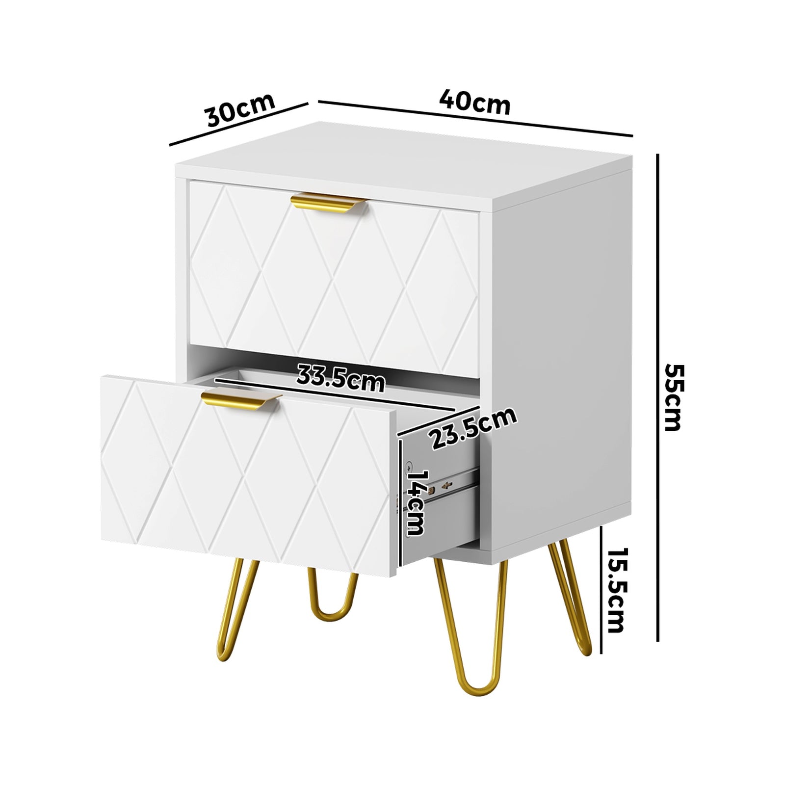 Oikiture Bedside Table 2 Drawers Gold Metal Nightstand Storage Cabinet White - Sunyee