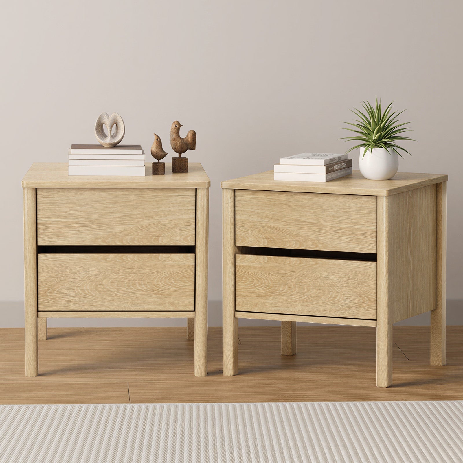 Oikiture 2x Bedside Tables 2 Drawers Side Table Nightstand Handle-free Natural
