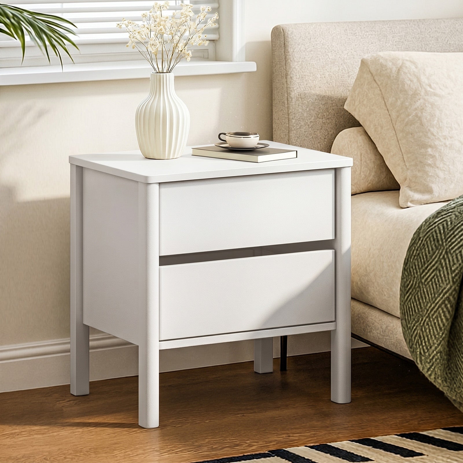 Oikiture Bedside Table 2 Drawers Side Table Nightstand Handle-free White