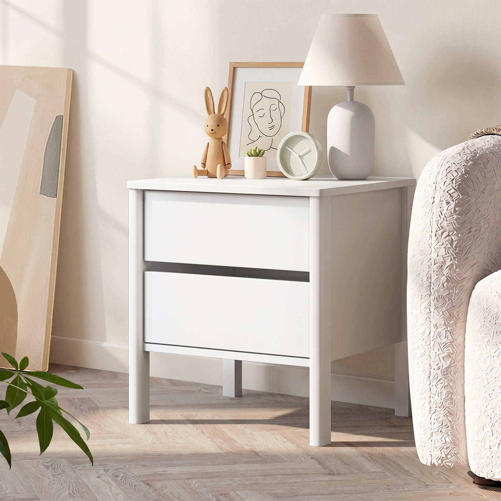 Oikiture Bedside Table 2 Drawers Side Table Nightstand Handle-free White