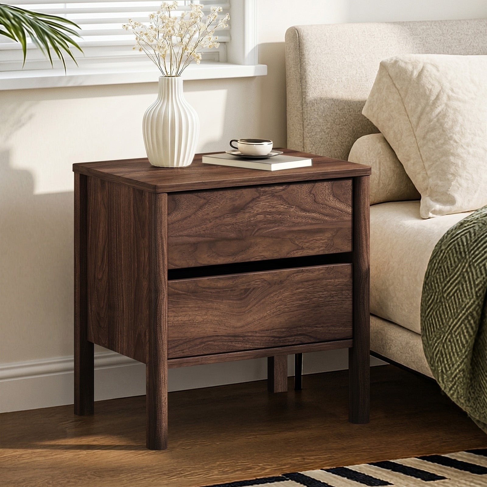 Oikiture Bedside Table 2 Drawers Side Table Nightstand Handle-free Walnut