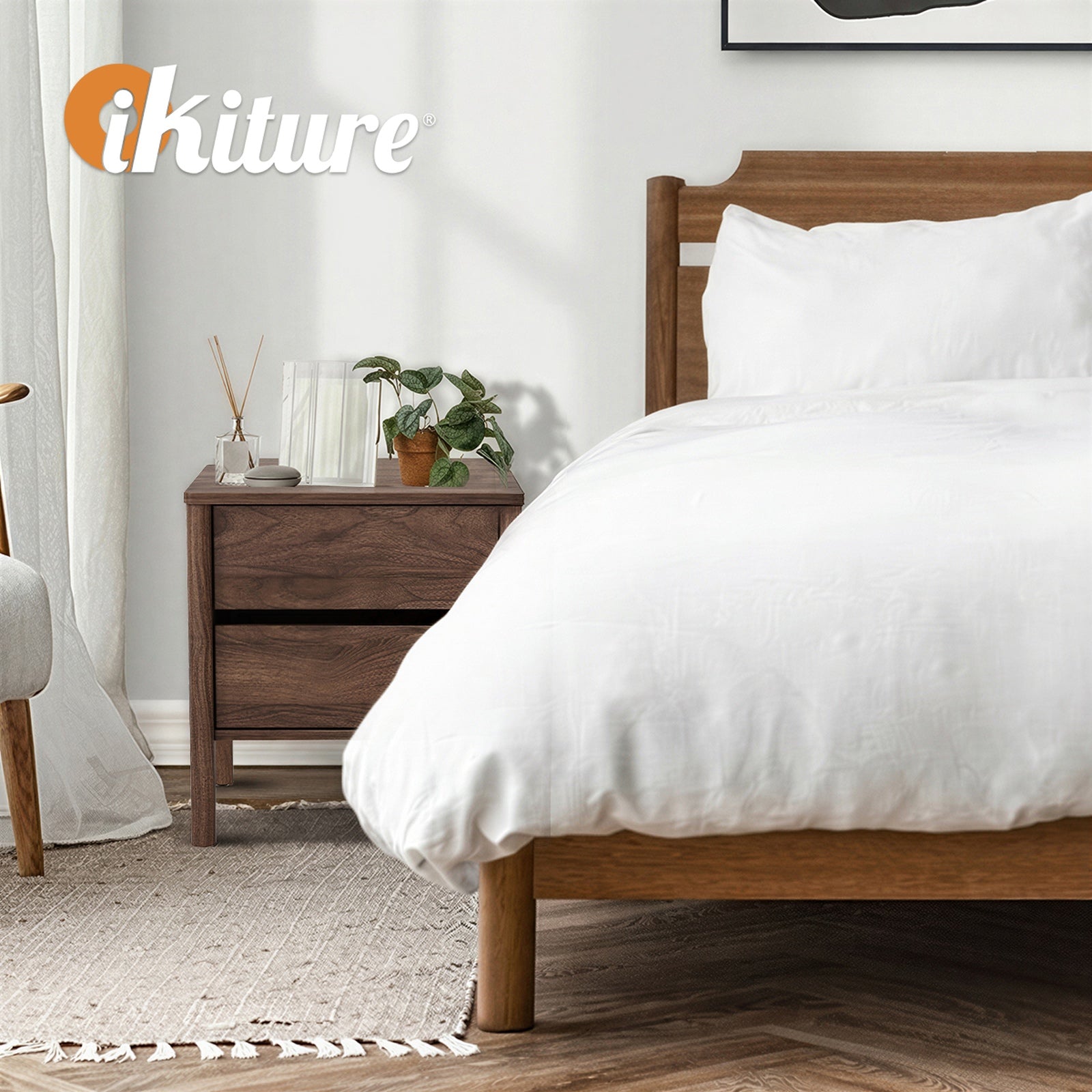 Oikiture Bedside Table 2 Drawers Side Table Nightstand Handle-free Walnut