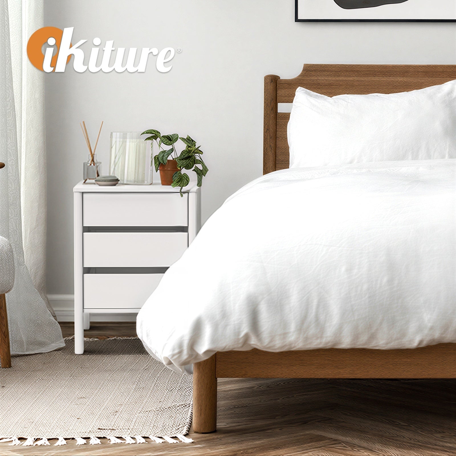 Oikiture Bedside Table 3 Drawers Side Table Nightstand Handle-free White