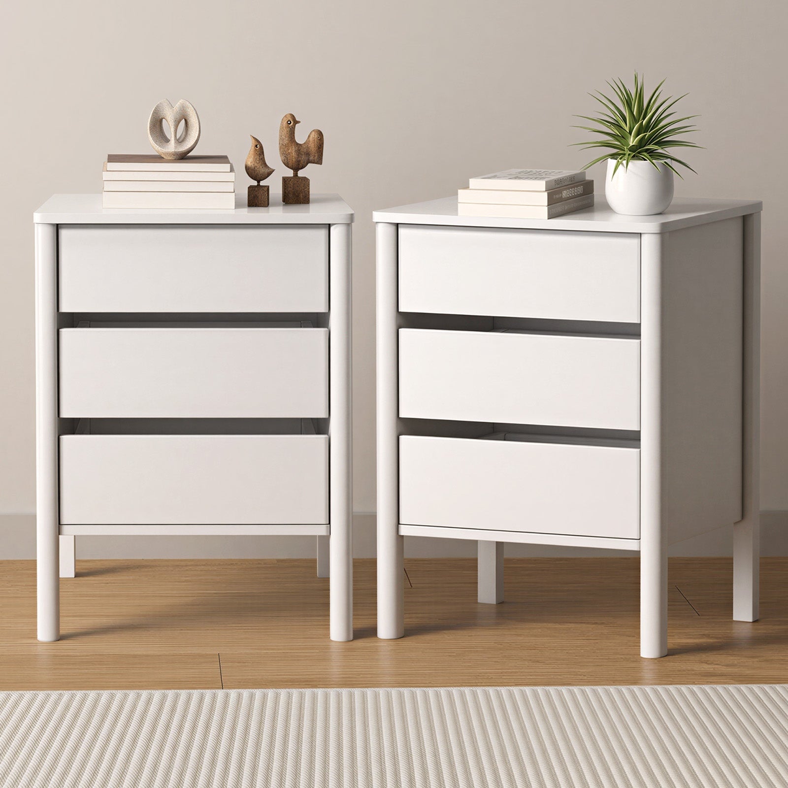 Oikiture 2x Bedside Tables 3 Drawers Side Table Nightstand Handle-free White