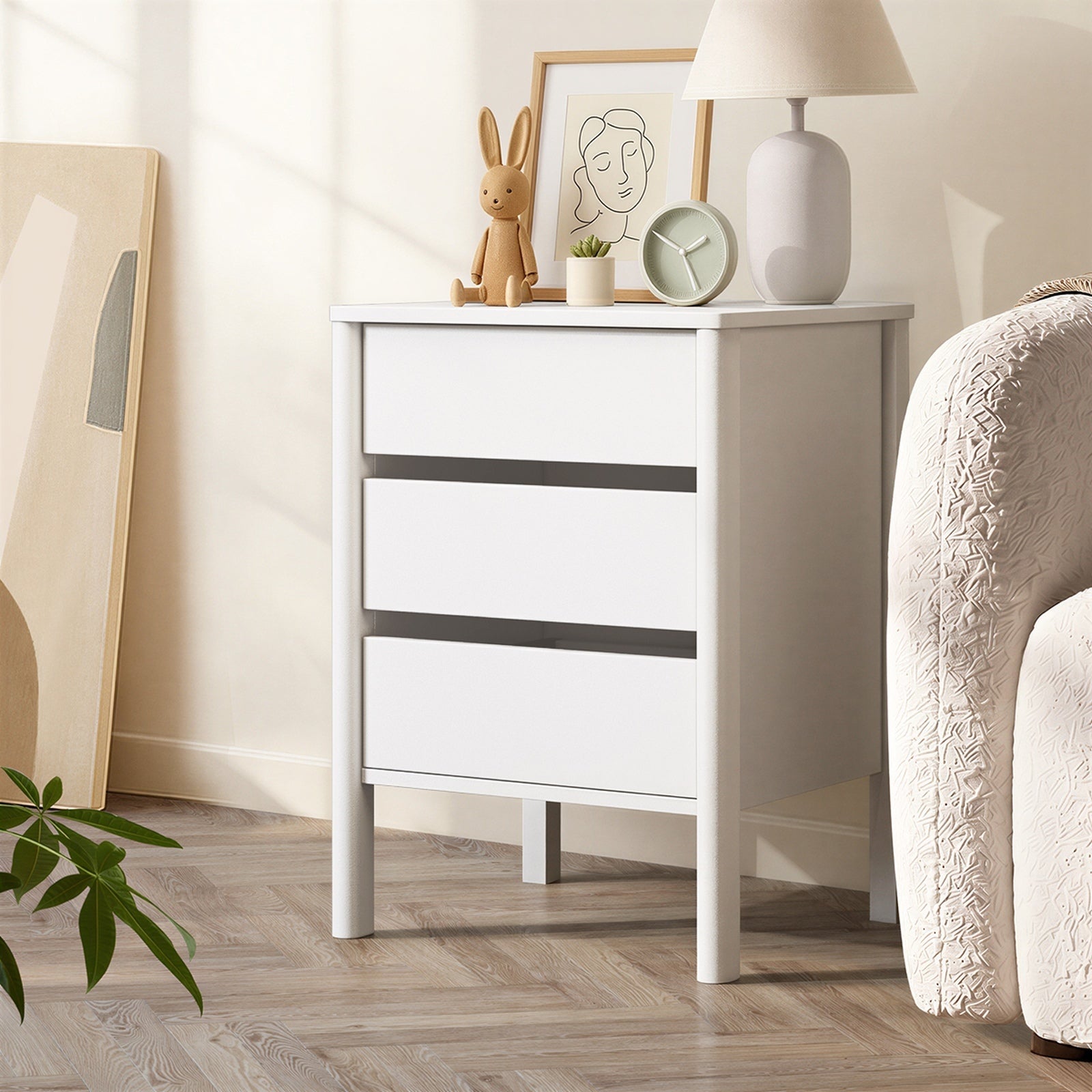 Oikiture 2x Bedside Tables 3 Drawers Side Table Nightstand Handle-free White
