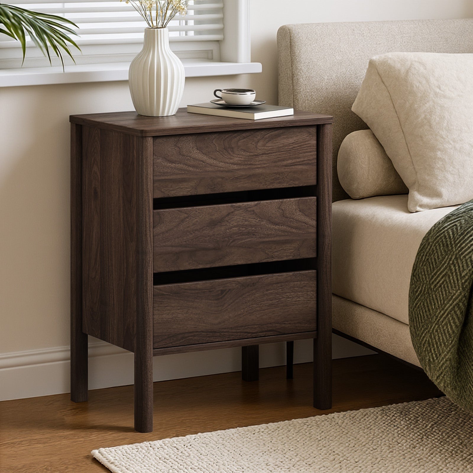 Oikiture Bedside Table 3 Drawers Side Table Nightstand Handle-free Walnut