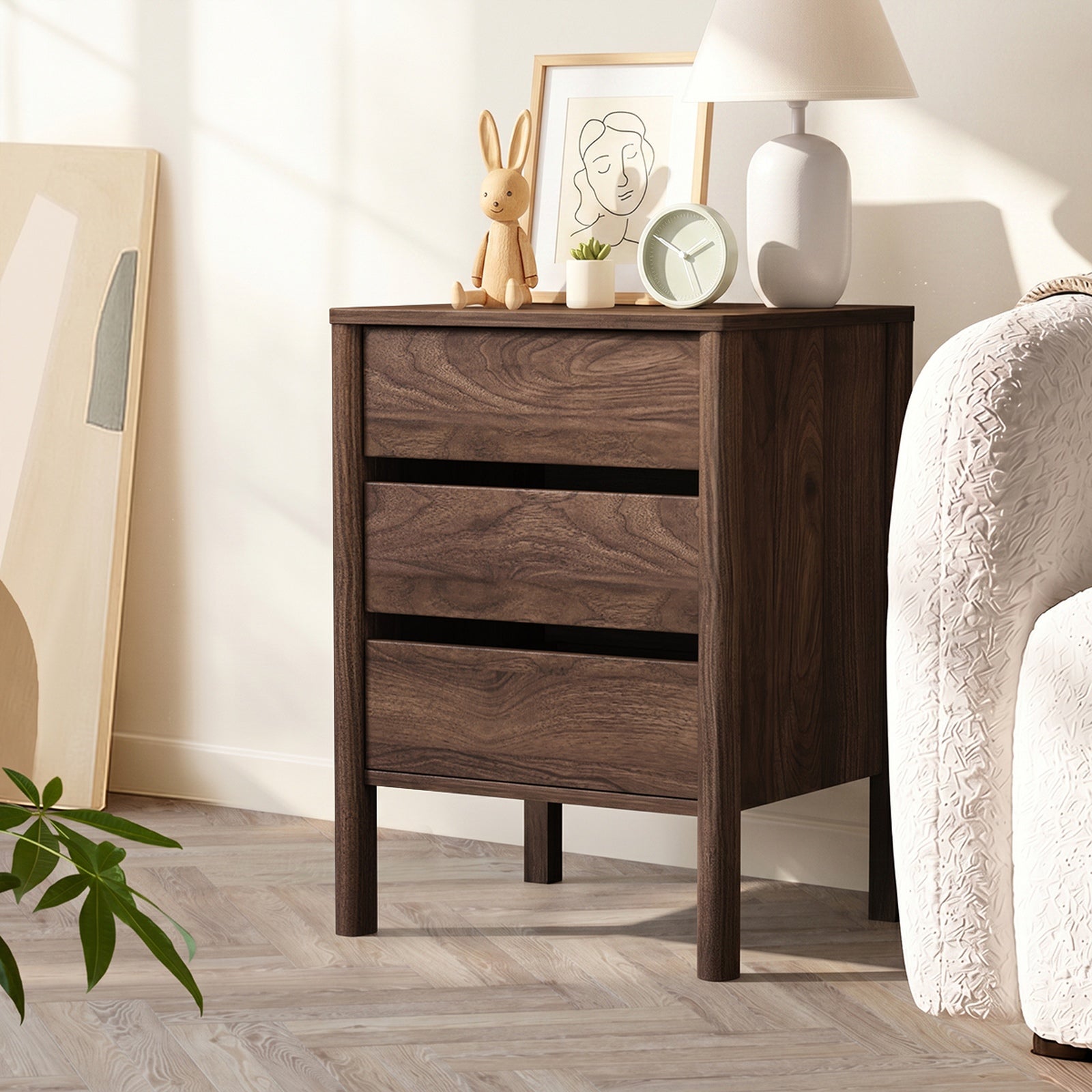 Oikiture 2x Bedside Tables 3 Drawers Side Table Nightstand Handle-free Walnut