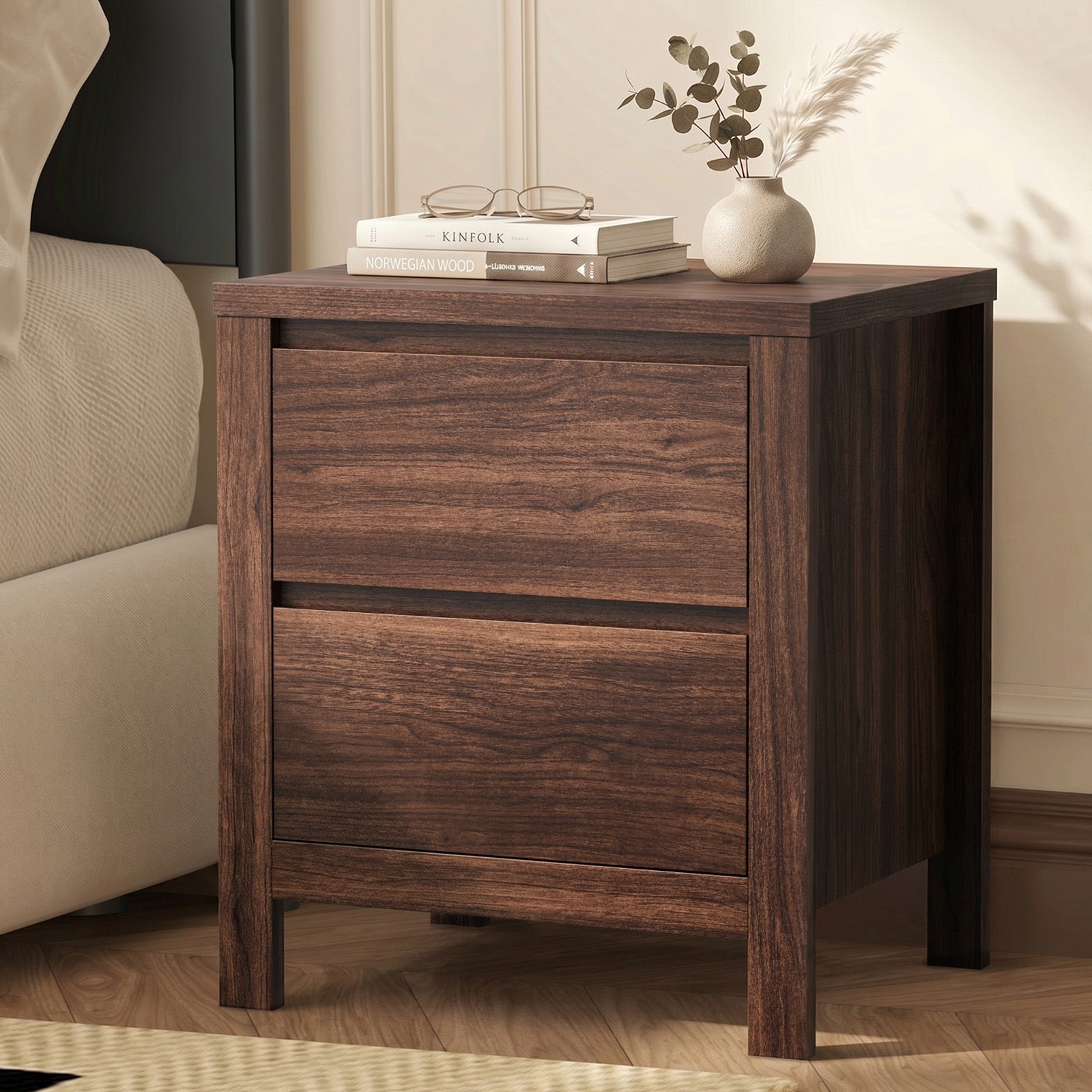 Oikiture Bedside Table 2 Drawers Storage Nightstand Handle-Free Walnut