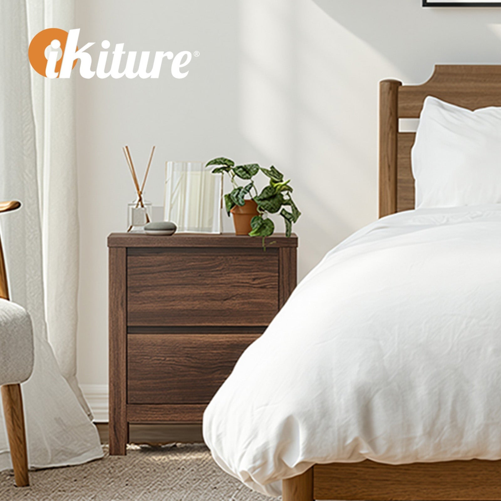 Oikiture Bedside Table 2 Drawers Storage Nightstand Handle-Free Walnut