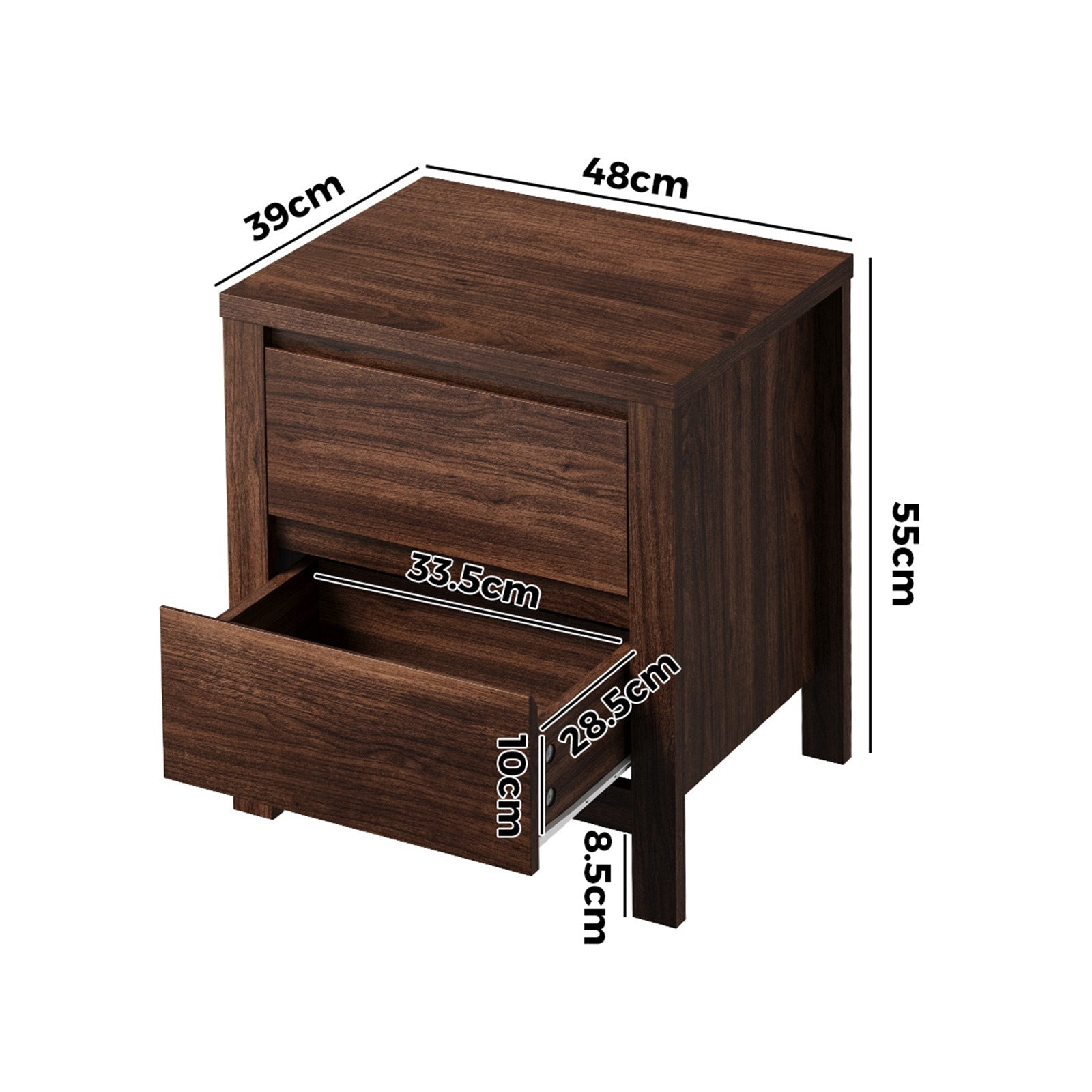 Oikiture 2pc Bedside Table 2 Drawers Storage Nightstand Handle-Free Walnut