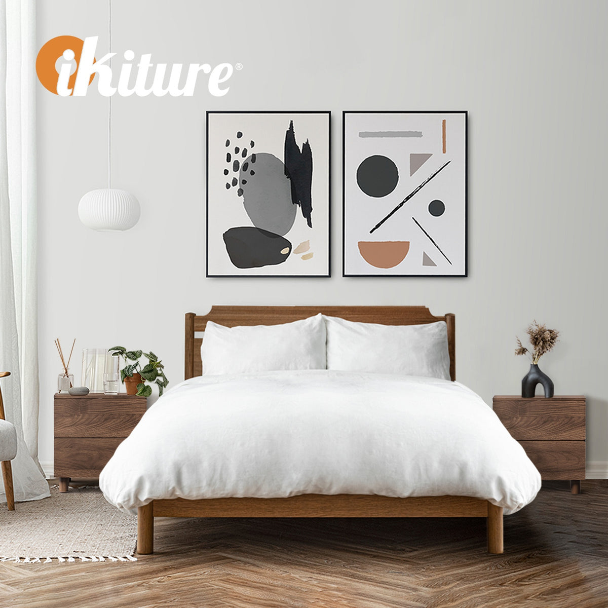 Oikiture 2pc Bedside Table Nightstand 2 Drawer Side Storage Handle-free Walnut