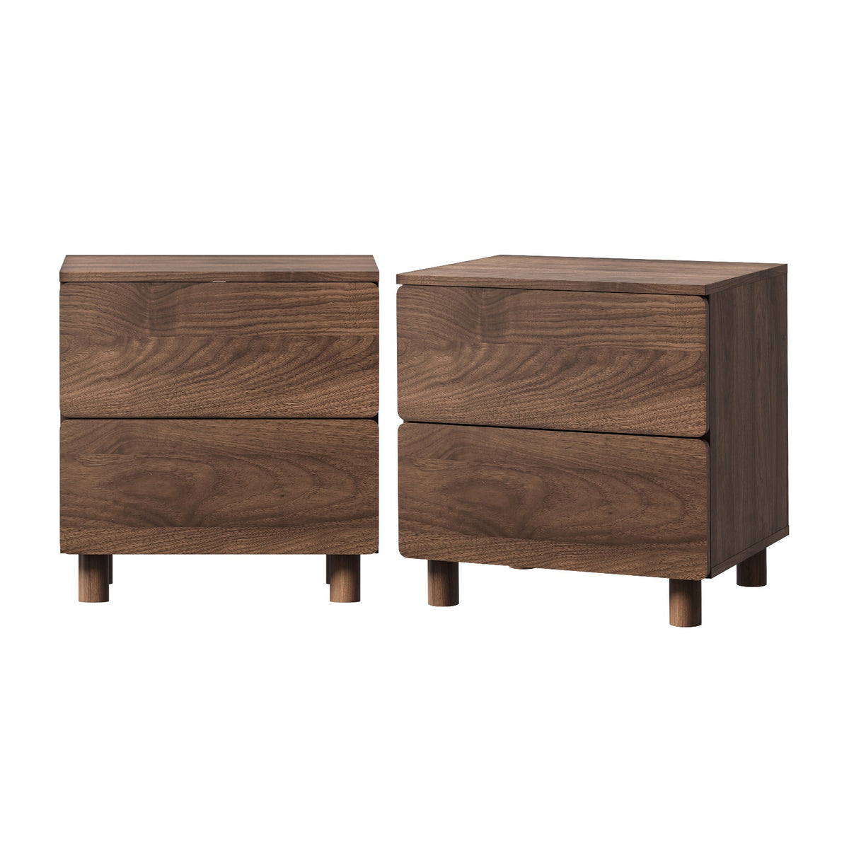Oikiture 2pc Bedside Table Nightstand 2 Drawer Side Storage Handle-free Walnut