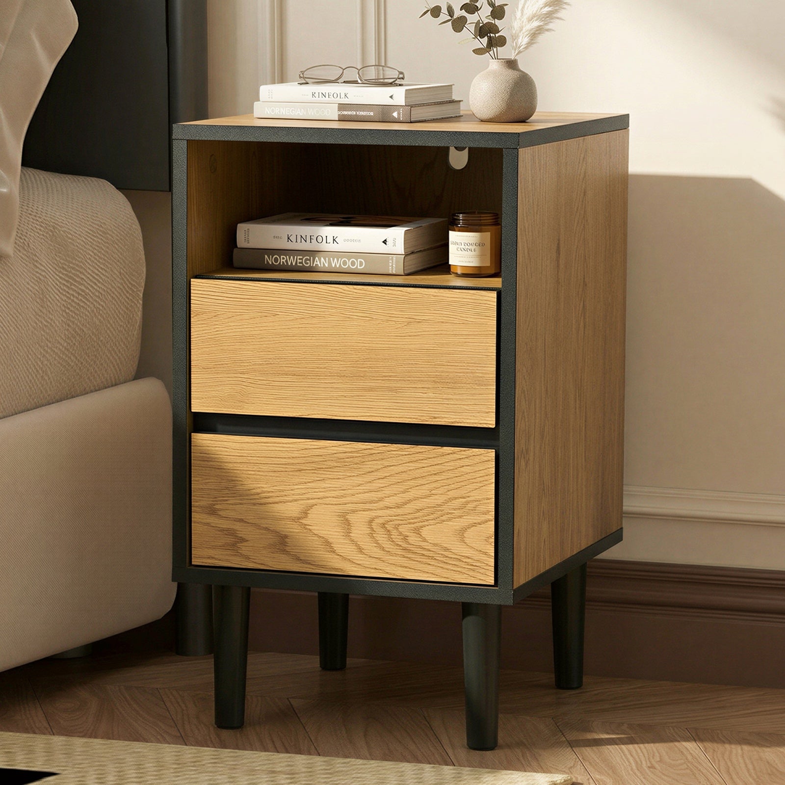 Oikiture Bedside Table 2 Drawers Shelf Side End Table Nightstand Natural