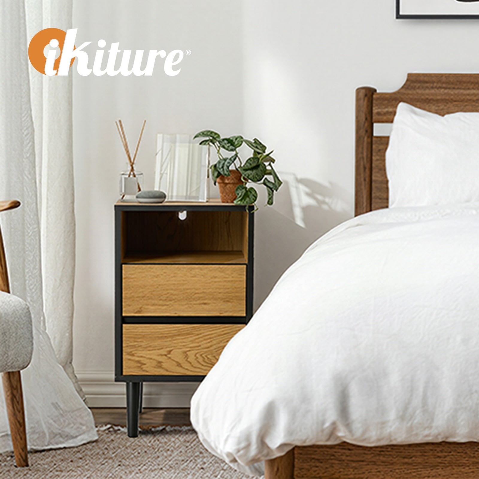 Oikiture Bedside Table 2 Drawers Shelf Side End Table Nightstand Natural