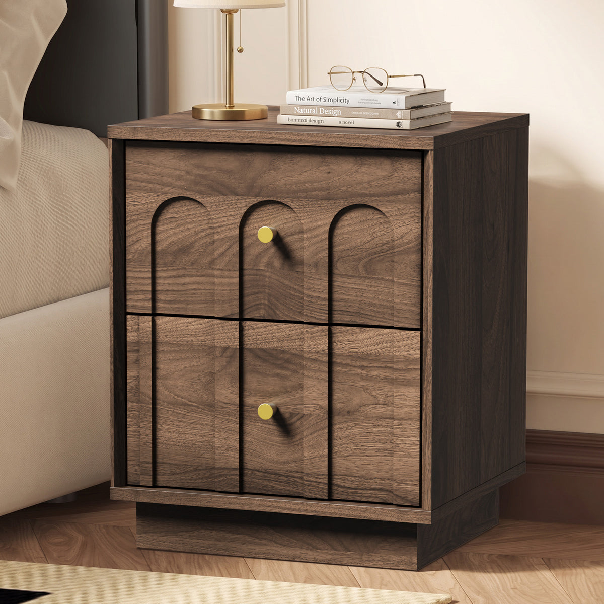 Oikiture Bedside Table 2 Drawer Storage Side End Cabinet Metal Handle Walnut