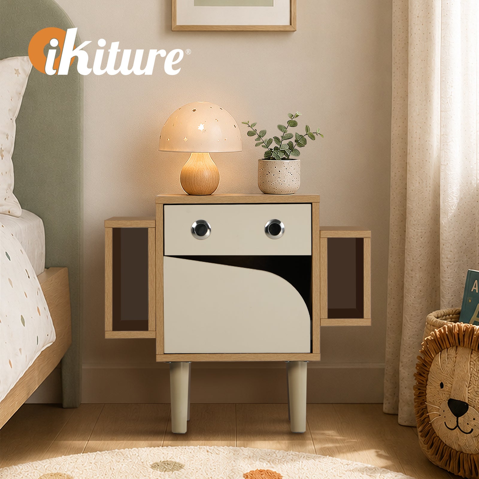 Oikiture Kids Robot Bedside Table Nightstand With Drawer Bedroom Storage Cabinet