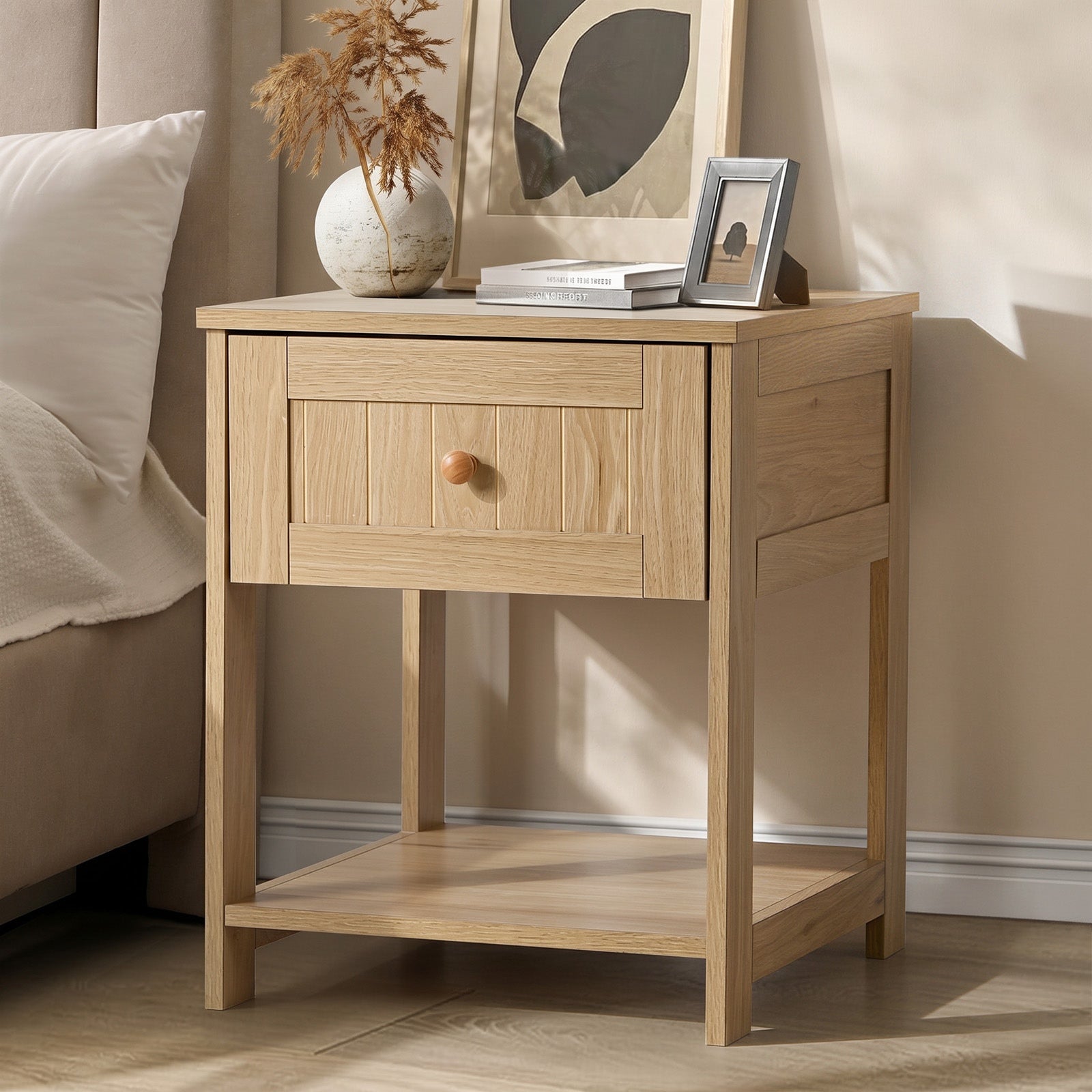 Oikiture Bedside Table Side End 1 Drawer Storage Shelf Nightstand Natural