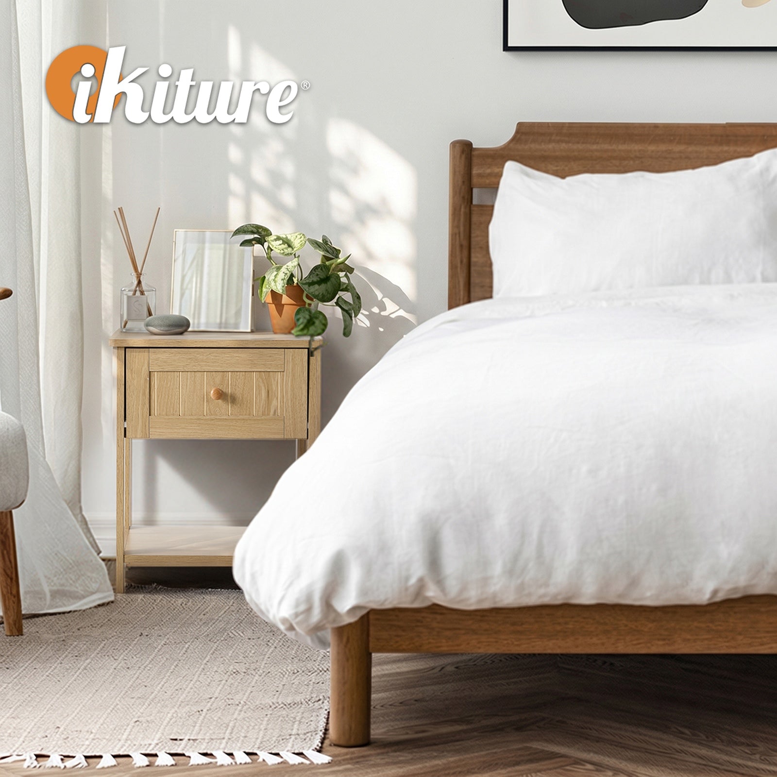 Oikiture Bedside Table Side End 1 Drawer Storage Shelf Nightstand Natural